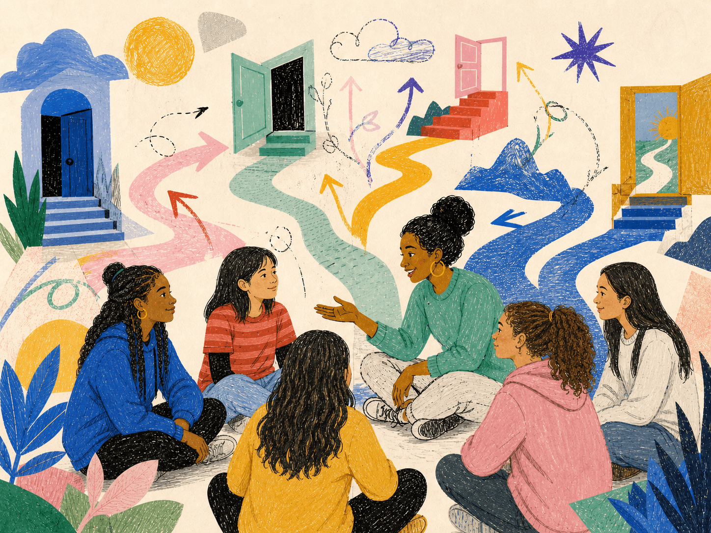 Hand-drawn illustration of students listening to a mentor and considering different paths forward