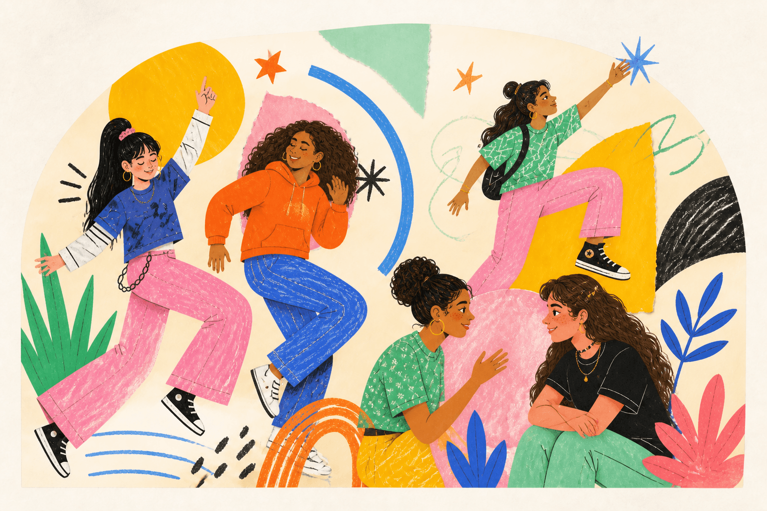 Colorful hand-drawn illustration of young people moving, talking, and reaching toward bright shapes