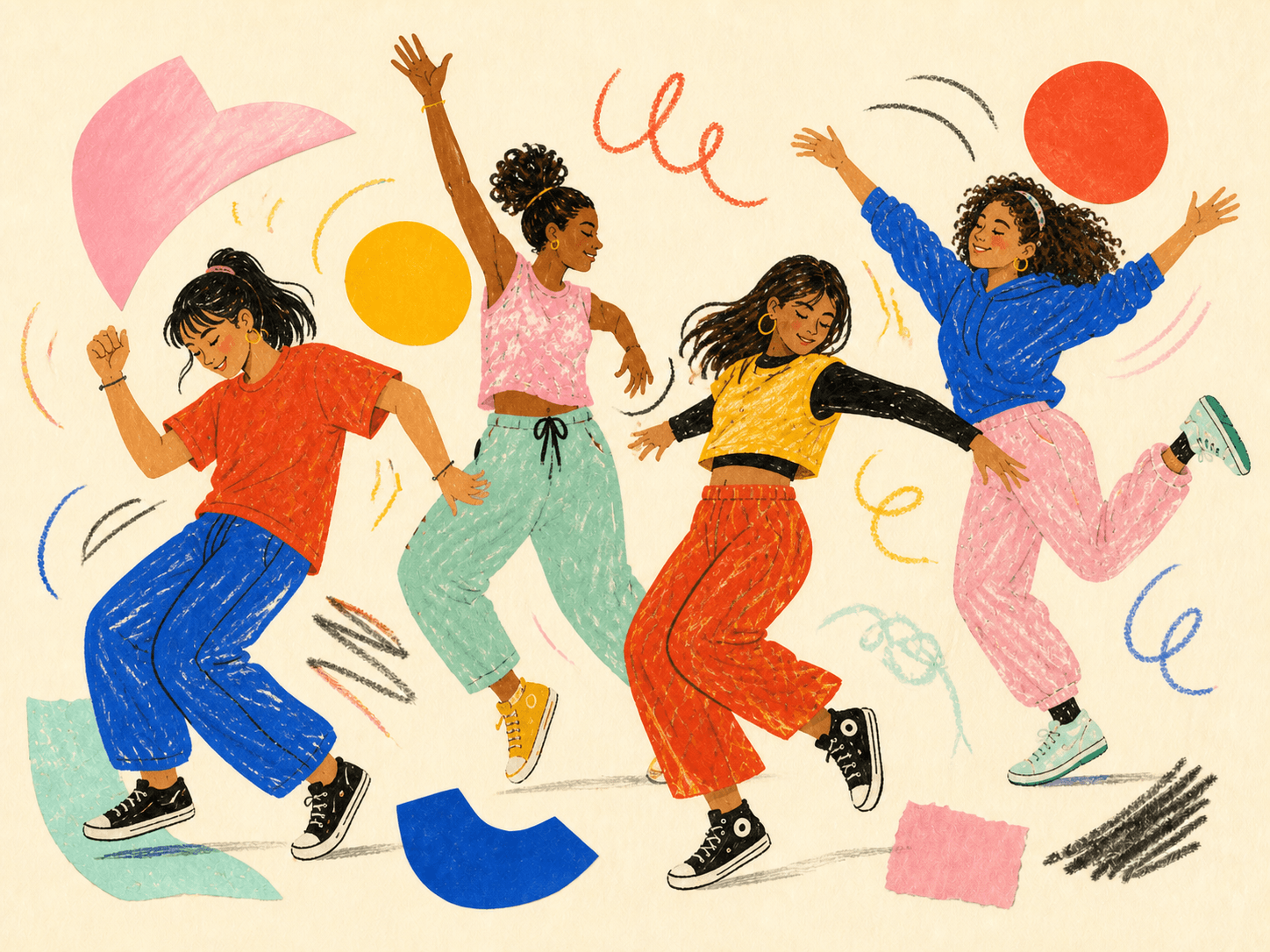 Hand-drawn illustration of students dancing and moving together